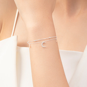 925 Silver Star Moon Silver Tone Star Moon Double Layer <b>Bracelet</b> <b>Adjustable</b> Celestial Charm Chain <b>Bracelet</b> - Product Image 3