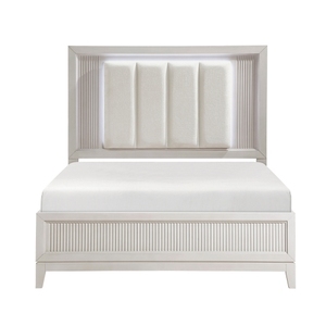 Modern Antique White Finish Queen <b>Bed</b> with LED Headboard Upholstered Cushion Modern Bedroom Furniture Reeded Fronts - Product Image 6