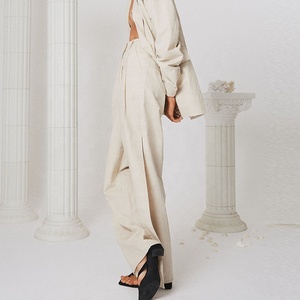 <span class=keywords><strong>Pantaloni</strong></span> donna vita alta rilassato FIT passanti cintura <span class=keywords><strong>spacchi</strong></span> <span class=keywords><strong>laterali</strong></span> funzionali tasche <span class=keywords><strong>laterali</strong></span> anteriori 55% lino 45% cotone <span class=keywords><strong>pantaloni</strong></span> svasati - Product Image 6