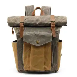 Mochila retro de viaje para hombre, bolso de viaje para estudiantes, lona antisalpicaduras de cera de aceite al aire libre con piel de Caballo Loco