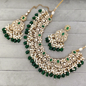 Indian Traditional Antique Gold Plated Kundan Choker Necklace <b>Set</b> Sea Green Mint Gemstone Bead Bridal Jewelry <b>Set</b> with Earrings - Product Image 1