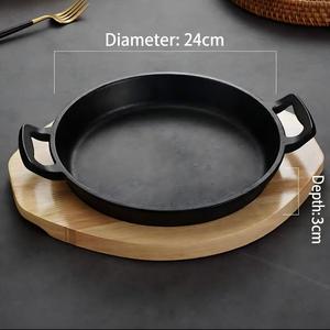 Plat de service rond en <span class=keywords><strong>fonte</strong></span> personnalisé avec base en bois, poignée double, poêle antiadhésive pour steak et fajitas, idéal pour les restaurants - Product Image 5