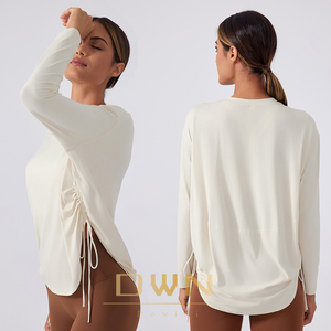 Nuevo estilo con cordón ajustable en ambos lados Casual suelto deportes Fitness Yoga manga larga mujeres Top camisetas - Product Image 4
