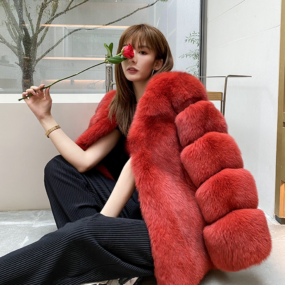 2022 New Arrival Women's Jacket Mid-Length Fashionable Ladies Thick Warm Fox Fur Plus Size Women's Red Fur Jackets