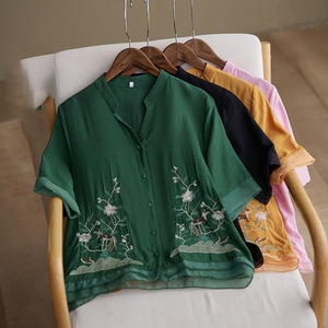 Chinese Style Linen Shirt Women Short Sleeve V Neck Embroidered Loose Blouse Everyday Wear Green Yellow Pink Black - Product Image 1