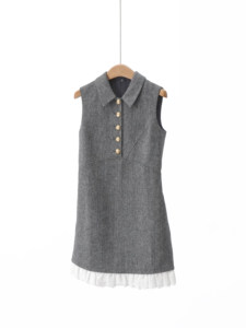 S*P 2026 Nuovo Abito Senza Maniche in Lana Spigata Grigio Misto con Bordo a Contrasto e Colletto a Risvolto, Collezione Primavera Estate - Product Image 3