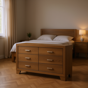 Commode Miquell finition chêne, 6 tiroirs, bois massif, meubles de chambre à coucher modernes - Product Image 2