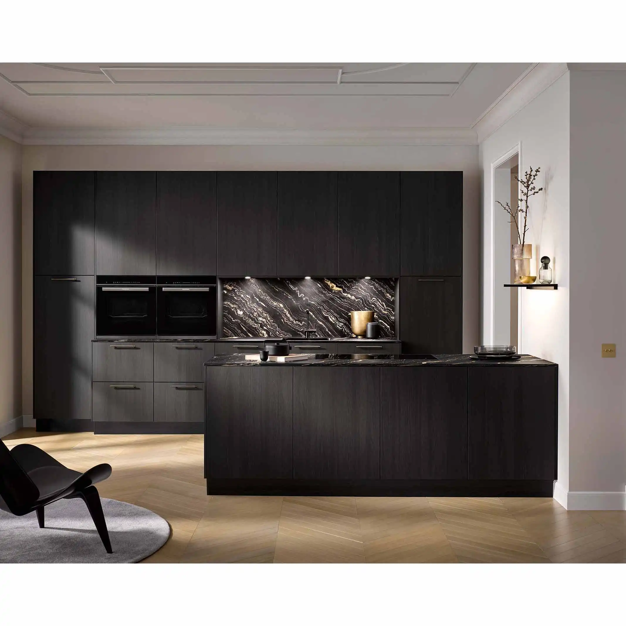 Armadio da cucina moderno con piano in marmo rovere Fine con cassetti armadio da cucina laccato con finitura nera opaca in legno