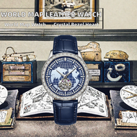 Montre mécanique automatique de luxe avec cadran lumineux carte du monde, lunette en cristal, cœur ouvert, bracelet en cuir de vachette 20 mm, boîtier en acier inoxydable