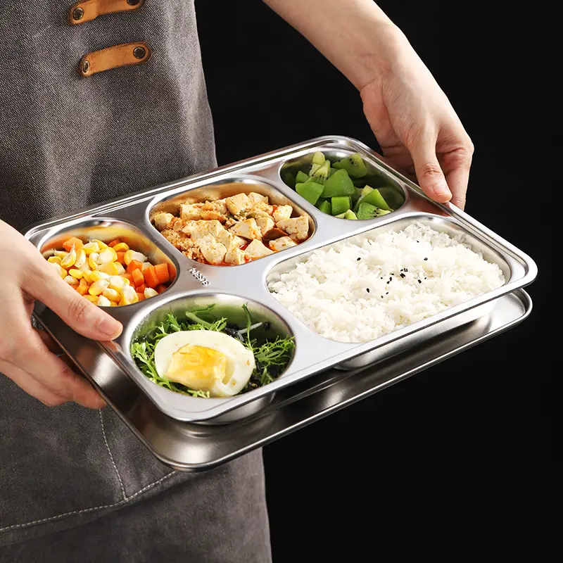 Fabbrica in acciaio inox 201 304 materiale 5 vano diviso fast food piatto cena bento lunch box con coperchio