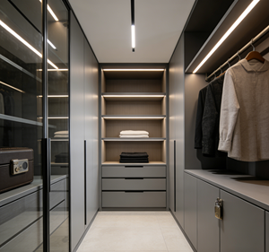 One-stop Whole House Custom Bedroom <b>Wardrobe</b> Cabinet Modern Grey Design With Glass <b>Door</b> & Integrated Vanity + Lighting - Product Image 6