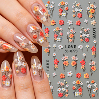 Autocollant 5D en relief pour ongles, motif floral rose, violet, orange, fleur de printemps, autocollant pour ongles, décalcomanie manucure cœur d'amour Saint-Valentin