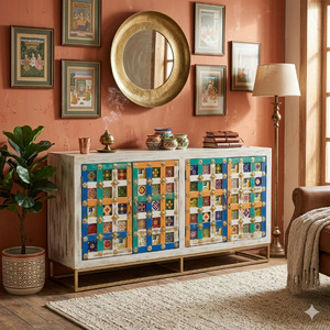 Buffet moderne en bois avec portes à motifs de carreaux multicolores |   Console de rangement contemporaine |   Buffet pour salon et salle à manger - Product Image 1