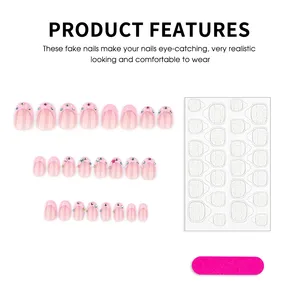 <span class=keywords><strong>Uñas</strong></span> Acrílicas Rosadas con Puntas Francesas, 24 Piezas, <span class=keywords><strong>Color</strong></span> <span class=keywords><strong>Rosa</strong></span> Nude, <span class=keywords><strong>Cortas</strong></span>, <span class=keywords><strong>Decoradas</strong></span> con Diamantes de Colores, <span class=keywords><strong>Uñas</strong></span> Postizas para Usar en los Dedos, Manicura DIY - Product Image 6