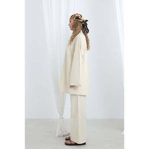 LOREEN Women's Button Detail Oversize Shirt and Pants Two-Piece Set, Casual Loose Fit Blouse & <b>Trousers</b> Outfit, Beige 20694TKS - Product Image 2