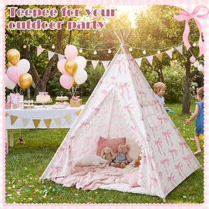 Tienda de campaña <span class=keywords><strong>tipi</strong></span> <span class=keywords><strong>rosa</strong></span> con lazo, plegable, para juegos en interiores, casa de juegos, decoración de habitación y rincón de lectura. - Product Image 4