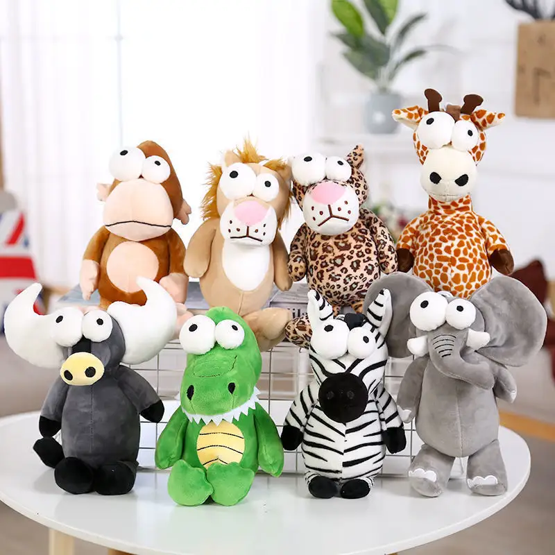 Grands Yeux Peluche Vache Léopard Crocodile Singe Lion Éléphant Girafe Zèbre Drôle Doux En Peluche Zoo Animal Sauvage Jouets En Peluche