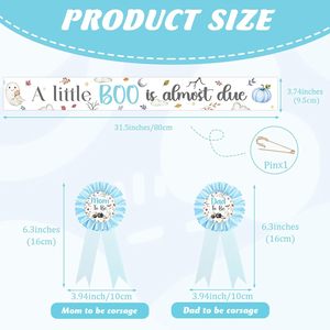 Décorations de fête prénatale d'Halloween : Écharpe « Un petit Boo est bientôt là » bleue, kit de corsages « Future maman et papa » avec citrouille, fantôme et chauve-souris - Product Image 6