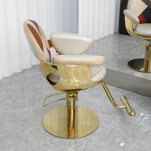 Adjustable Hydraulic <b>Reclining</b> Salon Barber <b>Chair</b> - Patchwork <b>Leather</b> Upholstery Gold Base Luxury Hairdressing Shop Furniture - Product Image 4