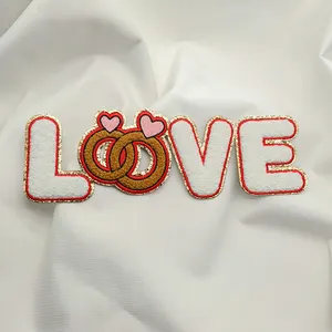 パッチバレンタインデーゴールドグリッターシェニールパッチの工場卸売カスタムアイアン衣類のための愛の手紙