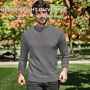 Heavyweight Solid Olive Waffle Knit Breathable Anti-Wrinkle Anti-Shrink Button <b>Mock</b> <b>Neck</b> <b>Sweater</b> <b>Men</b> Polyester Spring Outdoor - Product Image 2