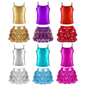 Traje de Danza para Niñas de 4 a 14 Años, Atuendo para Competencia y Actuación en Escenario, Top Metálico con Falda Pantalón con Volantes, para Fiestas Temáticas - Product Image 1