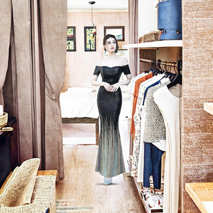 Robes de soirée de luxe, paillettes, couleur bonbon, bloc de couleurs, manches courtes, épaule dénudée, longue robe de sirène, élégante, écologique - Product Image 2