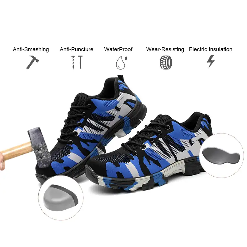Sepatu Tentara Kamuflase Bernapas Fly Knit Pria, Kain Rajut Jari Kaki Industri Serat Karbon Sol Dalam Ringan Sepatu Keselamatan Kerja Pria