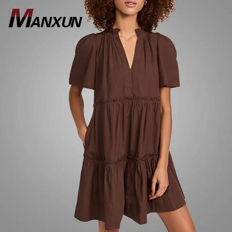 Vestidos de manga corta con bolsillos laterales para mujer, vestidos elegantes de color marrón liso con cuello de pico, por debajo de la rodilla, venta al por mayor