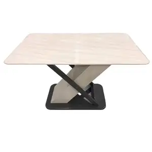 Desain baru ruang makan batu Tempered meja makan persegi panjang meja makan atas persegi panjang dengan bingkai krom