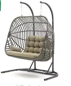 Double Swing Chair Pendurado Egg Chair Mobiliário de Exterior Dobrável Rattan PE Wicker Pátio Jardim Cadeira Pendurada