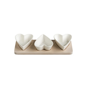 Porte-échantillons en porcelaine blanche à trois cœurs avec base en bambou naturel, assiettes - Product Image 1