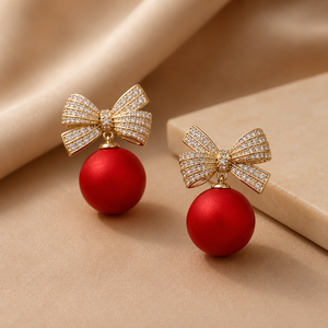 Hot Sale Fashion Gold Plated Crystal Diamonds White Black <b>Red</b> <b>Bow</b> Geometric Pearl Drop Earrings for Women Wholesale - Product Image 4