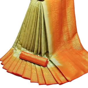 Pakaian Wanita Mewah Sutra Lembut Khusus dengan Sari Sutra Lembut Berwarna Hijau Kanjivaram Sutra Murni