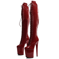 20CM / 8 Pouces Brevet PU Haut Femmes Sexy Mode Haut Talon Plate-Forme Lace-Up Avant Genou Haute Botte Pole Dance Bottes
