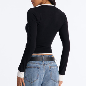 Camiseta de Manga Larga para Mujer, Diseño de Dos Piezas, Color Negro y Blanco, Corte Regular, Algodón Suave, Estilo Casual de Verano - Product Image 2