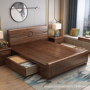 Solid Wood <b>Double</b> <b>Bed</b> 1.8m Golden Walnut Modern Minimalist Storage <b>Box</b> Frame Bedroom Furniture - Product Image 1