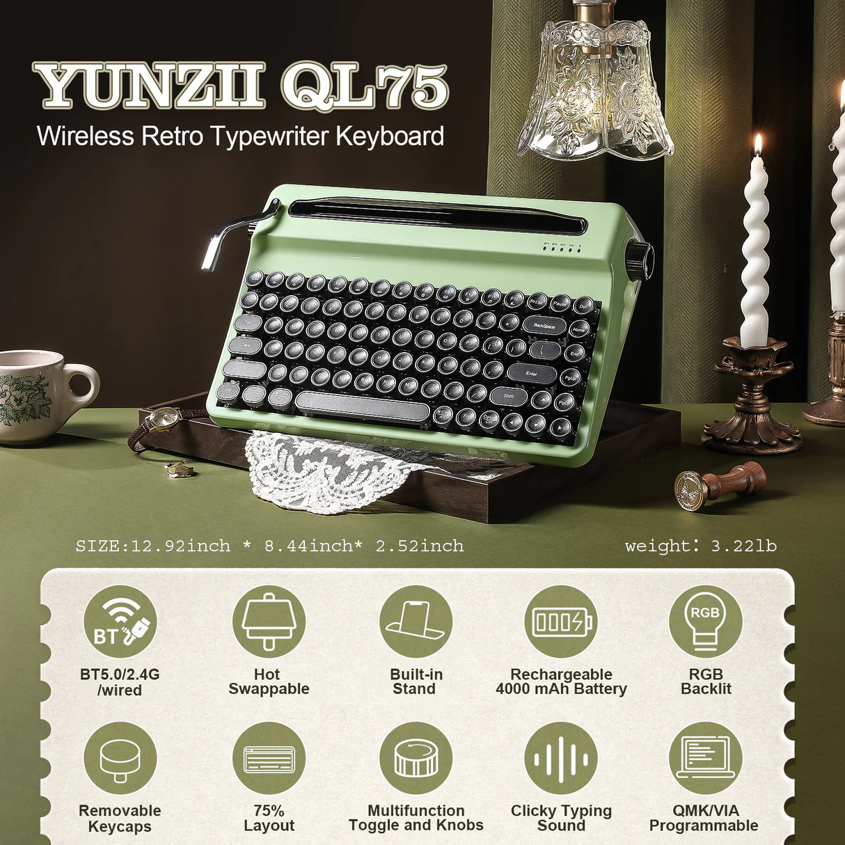 YUNZII QL75 Retro 75% Mechanical Keyboard - RGB Backlit, Hot 