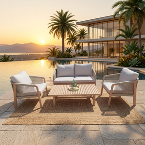 Ensemble de meubles d'extérieur de luxe contemporain pliable en bois d'acacia et teck écologique, comprenant un canapé de jardin, une table à manger et des chaises - Product Image 2
