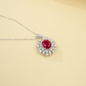 Vintage Inspired Sunburst Lab Ruby Necklace, Oval Cut Center Stone with Multi-Shape Halo Pendant in 925 Silver - Product Image 3