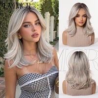 Nouvelle perruque européenne en fibre haute température, gris argenté dégradé, mi-longue, mate, naturellement volumineuse, fabriquée à la machine, 240g, modifiable