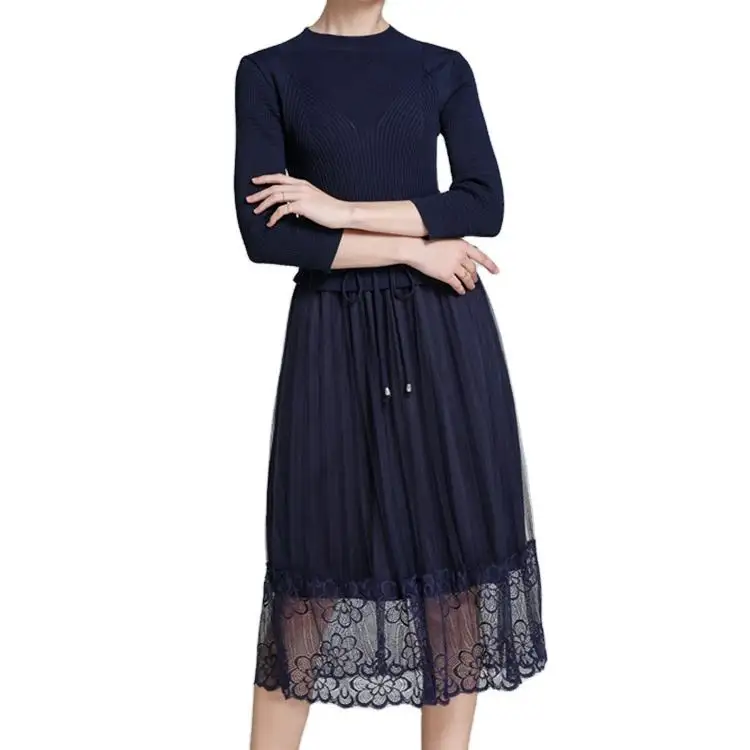 2023 Casual Elegant Ladies Winter Knitted Black Mesh Long Sleeve Lace Women's Long Sweater Midi Night Dresses For Woman