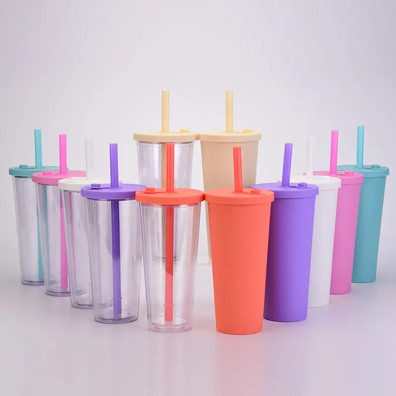 Wholesale custom logo 24oz 700ml Straw Acrylic Tumbler Premium Bubble Tea Cups Double Wall Plastic Reusable Boba Cups With Lid