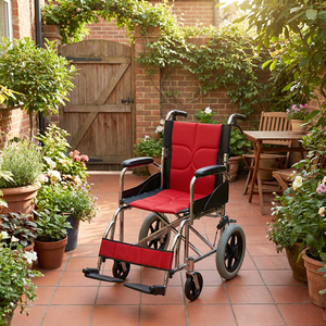 <span class=keywords><strong>Fauteuil</strong></span> roulant portable en aluminium avec dossier pliable, coussin rembourré rouge, chaise de transport JN873LAJ, roues arrière en PU de 12 pouces, B2B - Product Image 6