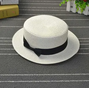 סיטונאי קיץ קשת שטוח למעלה כובעי קש קיץ חוף בנות כובע סירות באיכות גבוהה זול כובע קש פנמה