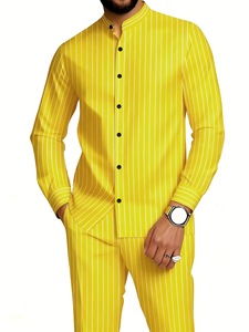 Conjunto de Camisa de Manga Larga con Cuello Alto a Rayas y Pantalones para Hombre, Ropa Casual Transpirable para Otoño e Invierno - Product Image 3
