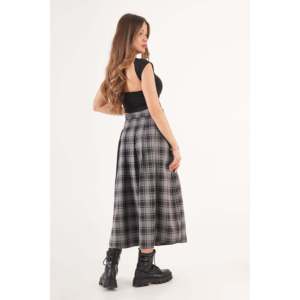 LUSTRIN Women's Gray Plaid Long <b>Skirt</b> with Elegant Belt Detail and Stylish Side Slit - Comfortable Cotton Blend Fabric for All - Product Image 2