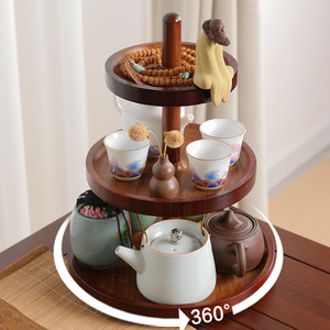 Triple Layer Wooden Tray Round Rotating Tea Set Display Rack For Afternoon Tea Dining <b>Table</b> Traditional New Chinese Style - Product Image 1