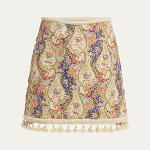 Minigonna a trapezio bohémien con ricami Paisley, paillettes e perline, orlo con nappe, vita alta, casual, da festa, per donna - Product Image 4
