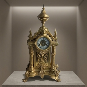 Horloge de table/pendule de style antique européen, dorée à l'or fin, réveil baroque/victorien, avec mécanisme à goupille de 15 jours - Product Image 2